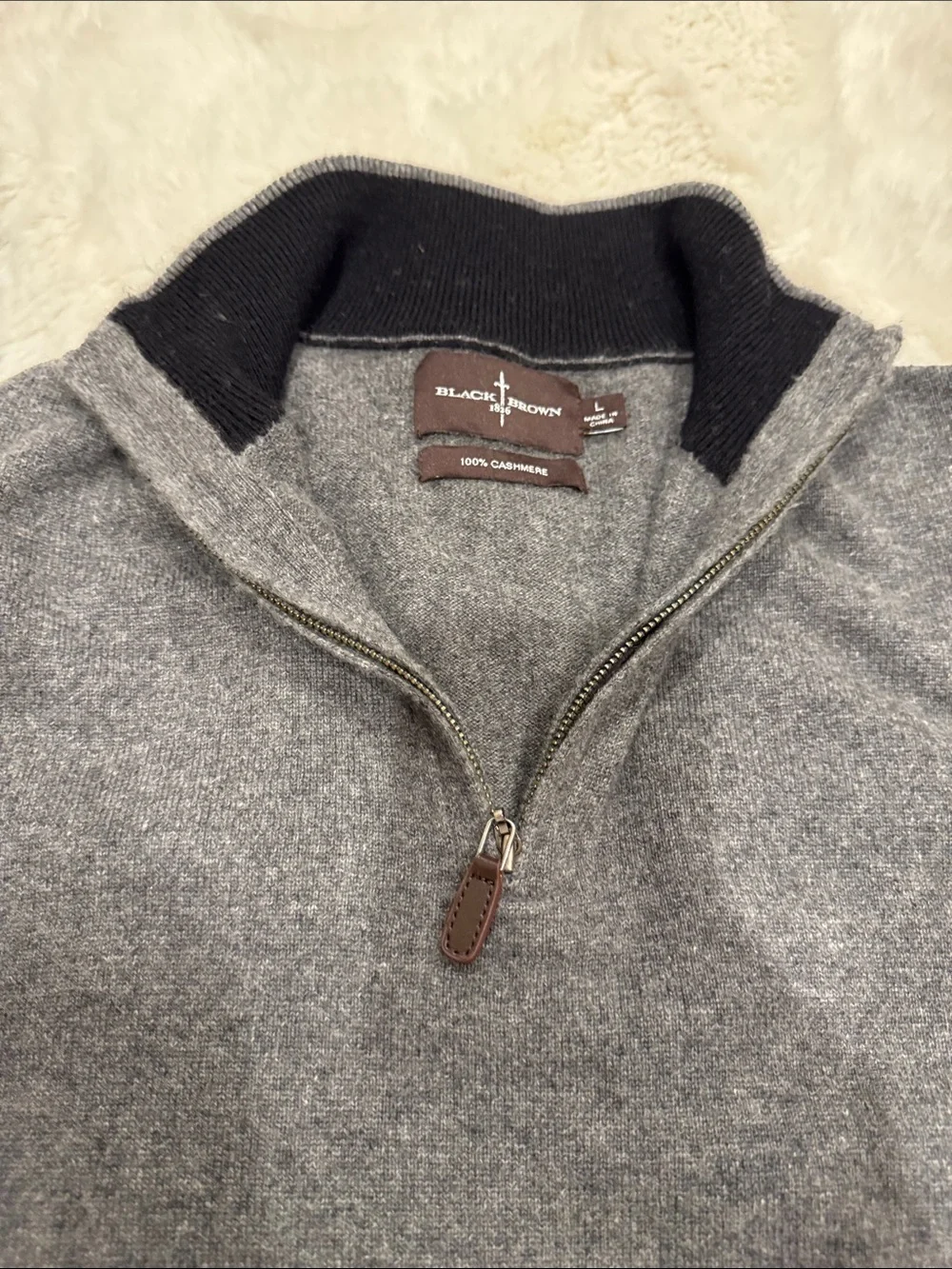 Black Brown 1826 Men's Gray Cashmere Half-Zip Sweater with Black Collar